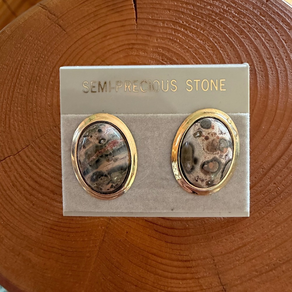 Vintage Leopard Skin Jasper Earrings‎ Natural Stone Oval Cabochon Gold Tone